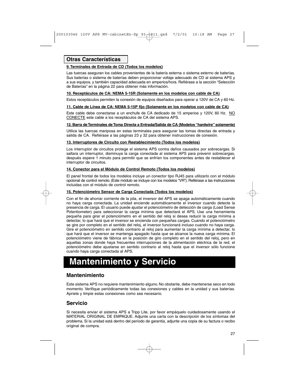 Mantenimiento y servicio, Otras características, Mantenimiento | Servicio | Tripp Lite APS PowerVerter User Manual | Page 27 / 36