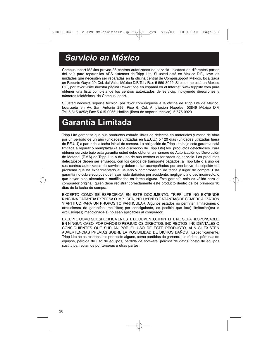 Servicio en méxico, Garantía limitada | Tripp Lite APS PowerVerter User Manual | Page 28 / 36