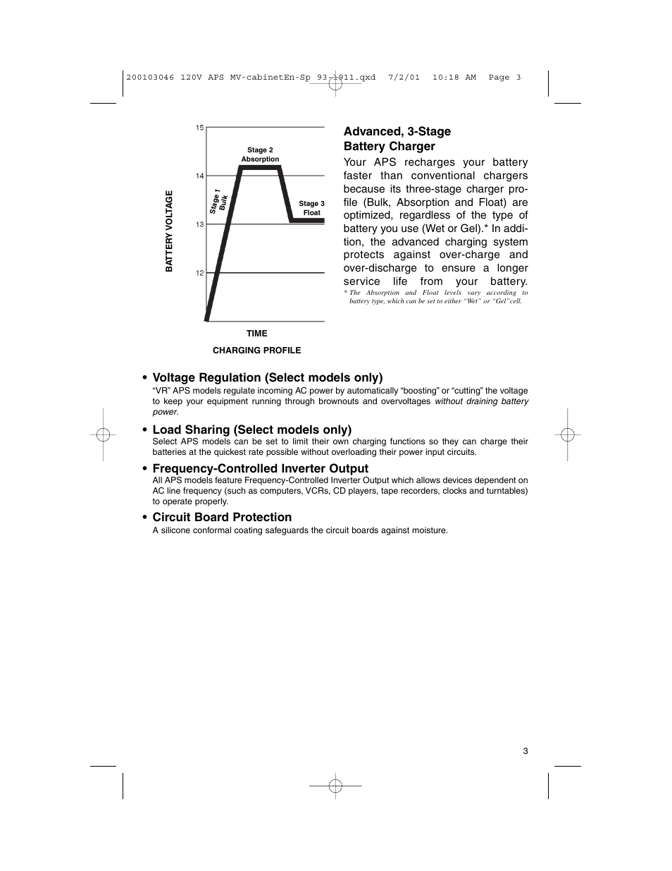Advanced, 3-stage battery charger, Voltage regulation (select models only), Load sharing (select models only) | Frequency-controlled inverter output, Circuit board protection | Tripp Lite APS PowerVerter User Manual | Page 3 / 36