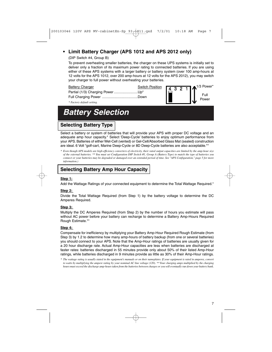 Battery selection, Selecting battery type, Selecting battery amp hour capacity | Tripp Lite APS PowerVerter User Manual | Page 7 / 36