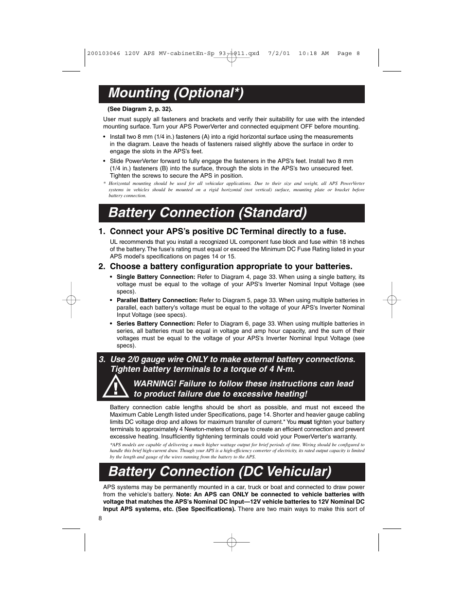 Mounting (optional*), Battery connection (standard), Battery connection (dc vehicular) | Tripp Lite APS PowerVerter User Manual | Page 8 / 36