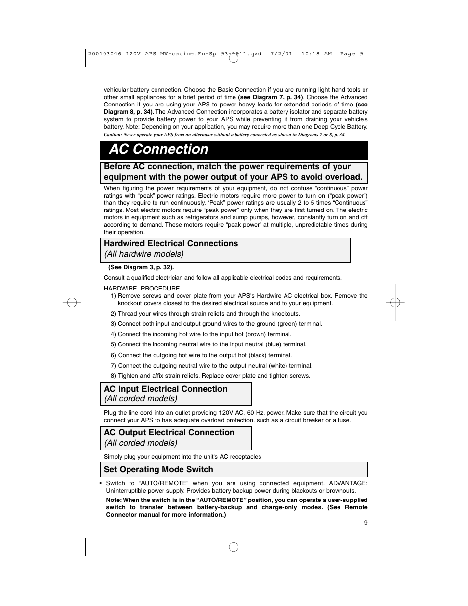 Ac connection, Ac input electrical connection (all corded models), Set operating mode switch | Tripp Lite APS PowerVerter User Manual | Page 9 / 36