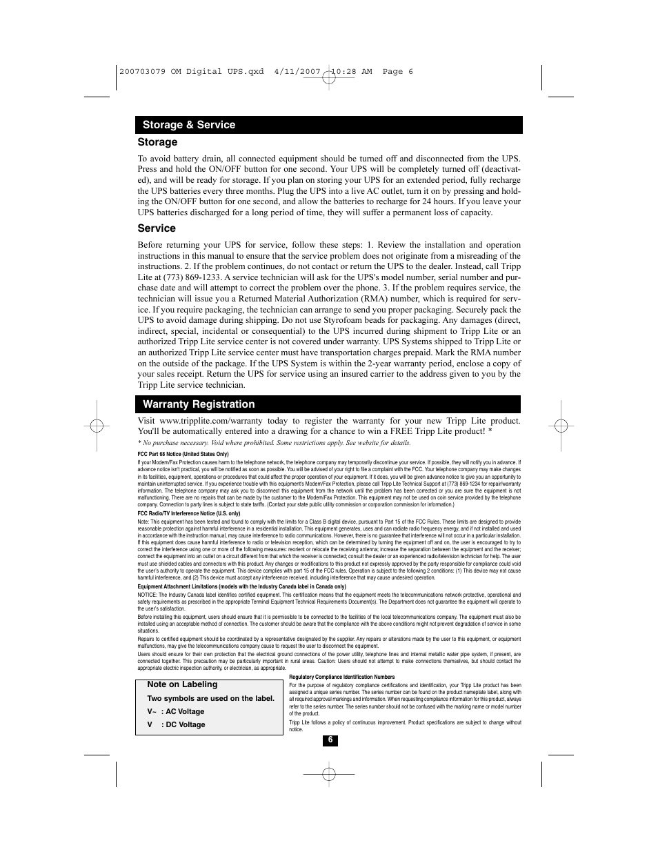 Storage, Service, Storage & service warranty registration | Tripp Lite Digital UPS Systems 200703079 User Manual | Page 6 / 7