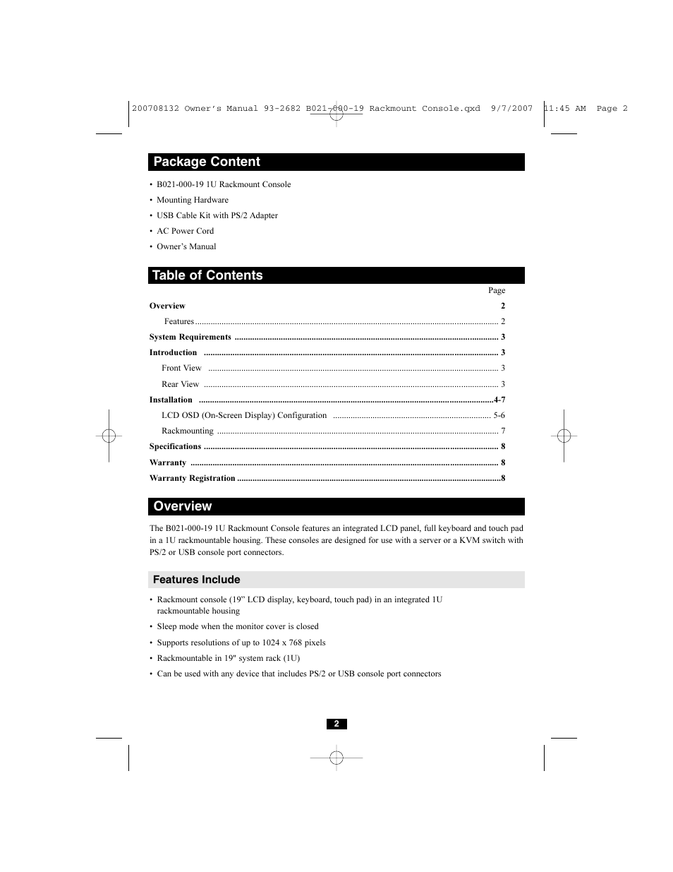 Package content table of contents, Overview | Tripp Lite B021-000-19 User Manual | Page 2 / 8