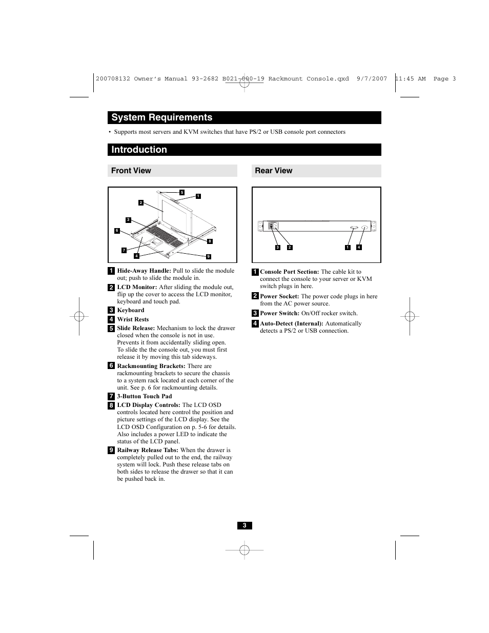 System requirements, Introduction, Front view rear view | Tripp Lite B021-000-19 User Manual | Page 3 / 8