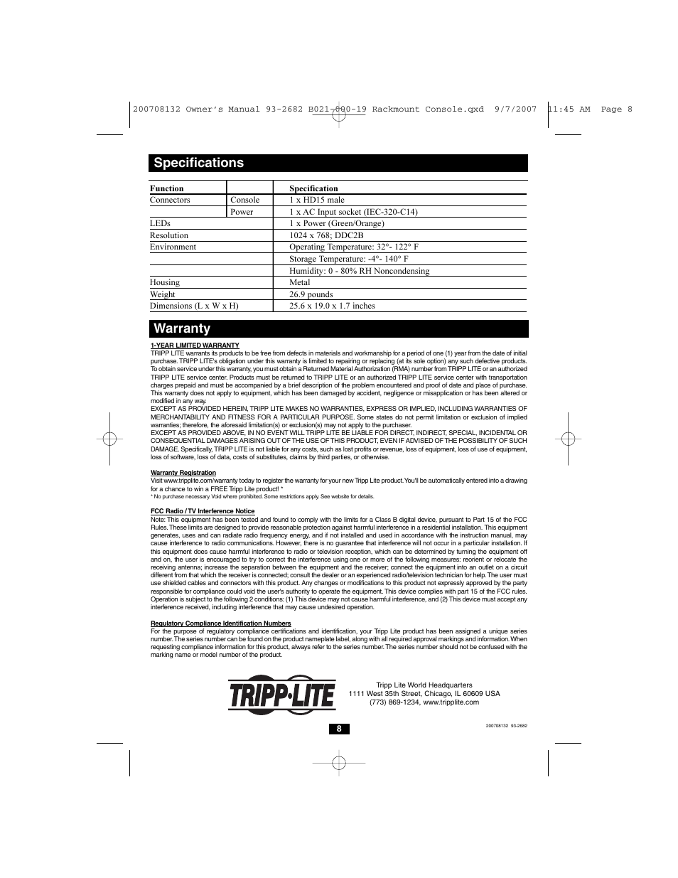 Specifications warranty | Tripp Lite B021-000-19 User Manual | Page 8 / 8