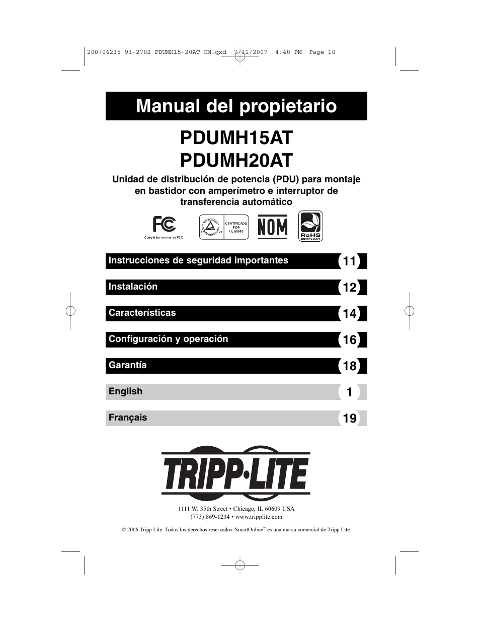 Manual del propietario, Pdumh15at pdumh20at | Tripp Lite PDUMH20AT User Manual | Page 10 / 28