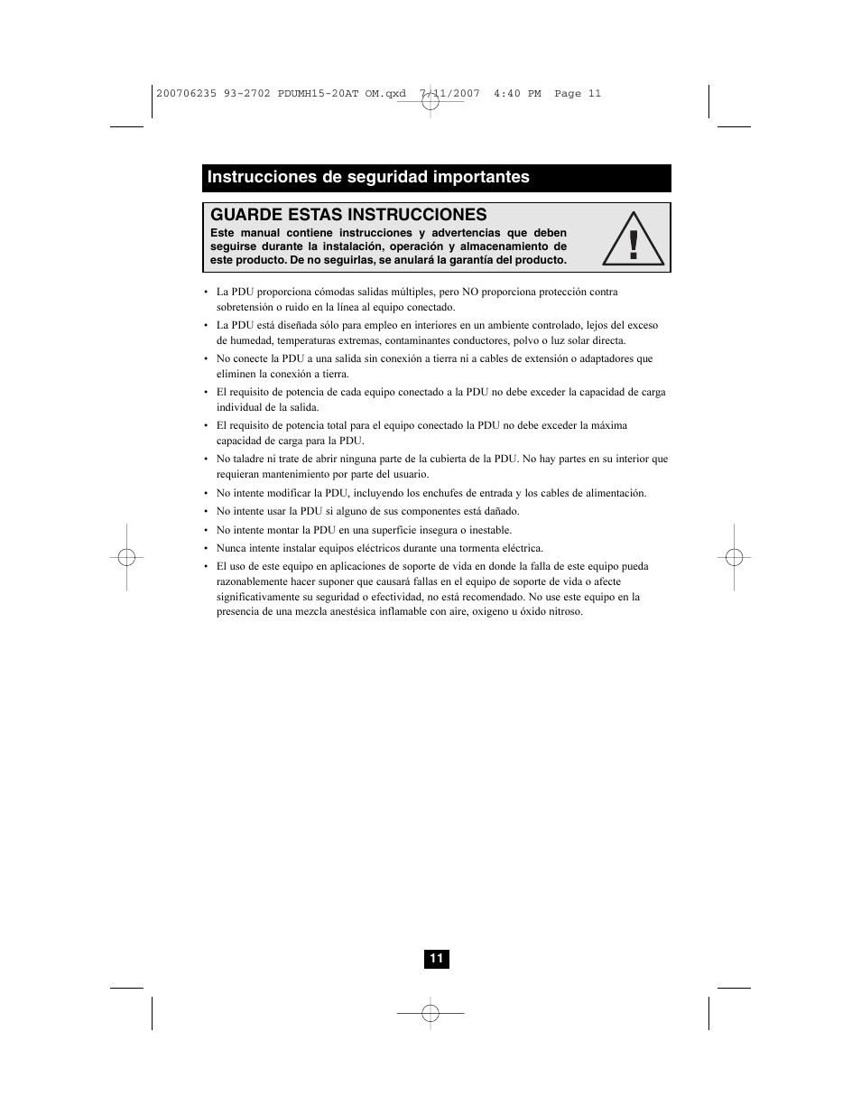 Guarde estas instrucciones, Instrucciones de seguridad importantes | Tripp Lite PDUMH20AT User Manual | Page 11 / 28