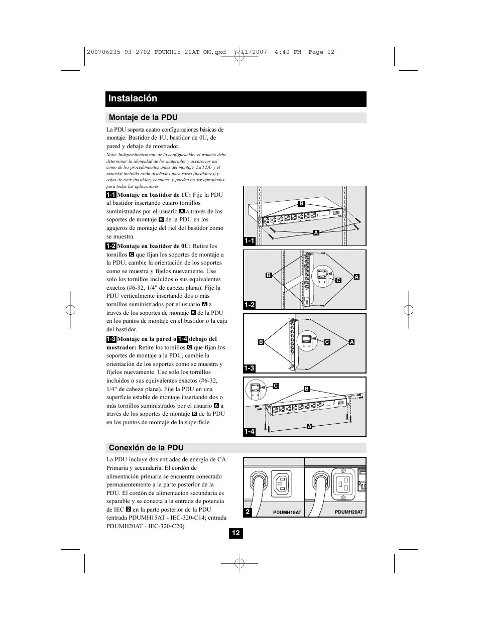 Instalación, Montaje de la pdu, Conexión de la pdu | Tripp Lite PDUMH20AT User Manual | Page 12 / 28