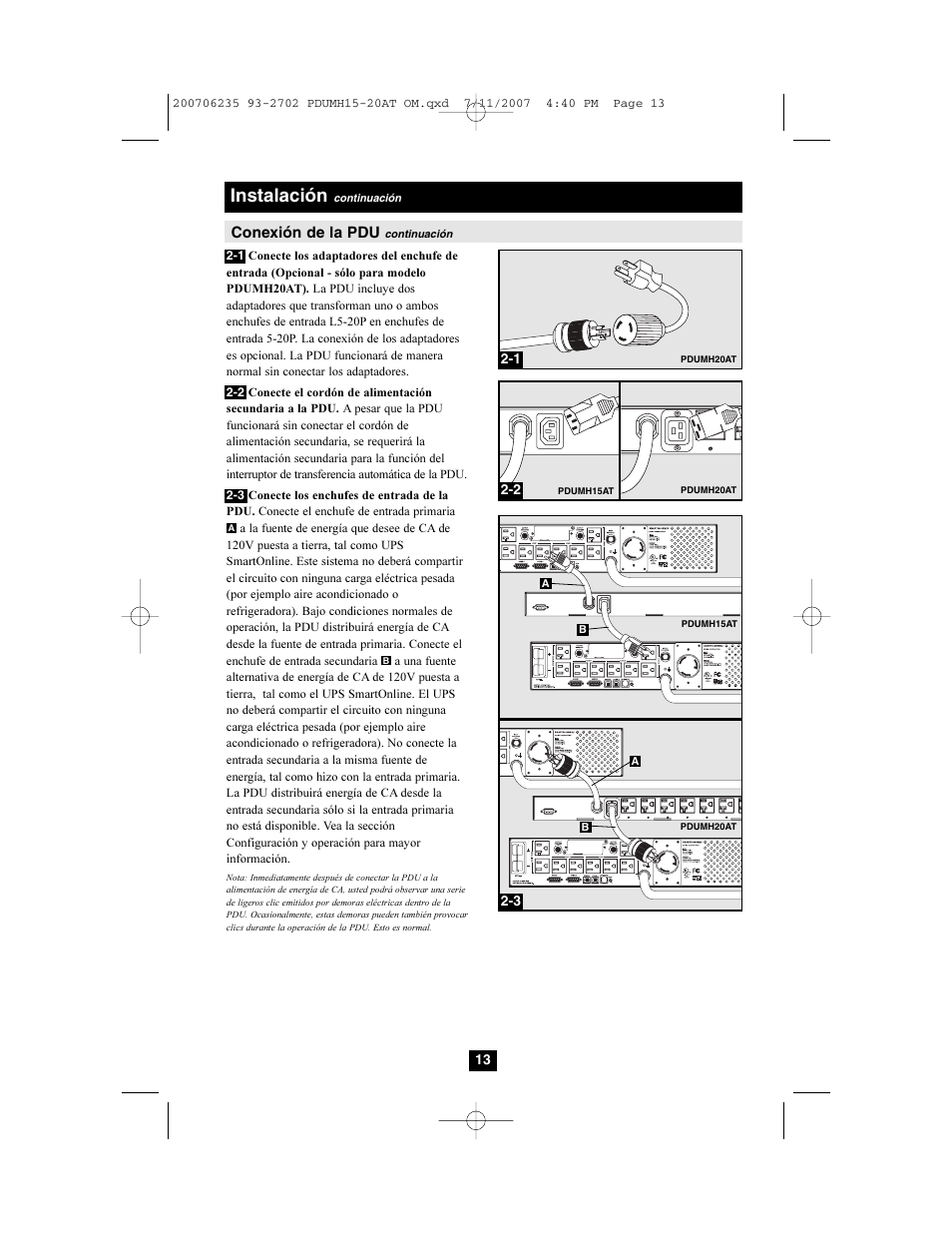 Instalación, Conexión de la pdu | Tripp Lite PDUMH20AT User Manual | Page 13 / 28