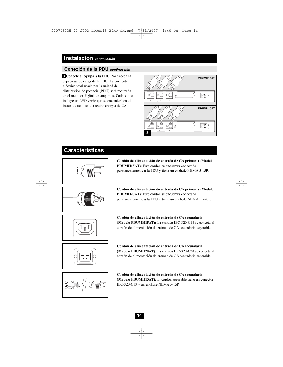 Instalación, Características | Tripp Lite PDUMH20AT User Manual | Page 14 / 28