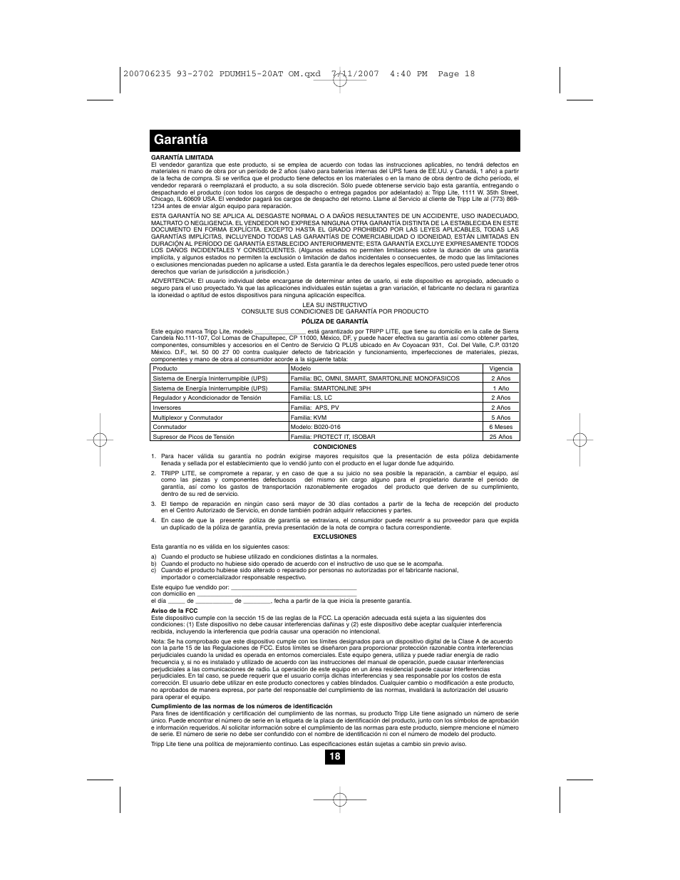 Garantía | Tripp Lite PDUMH20AT User Manual | Page 18 / 28