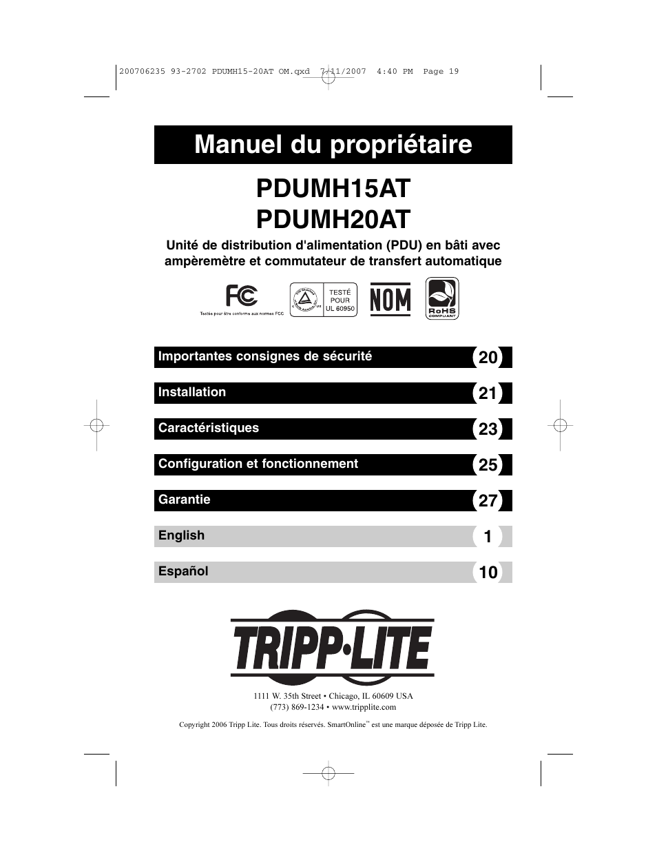 Manuel du propriétaire pdumh15at pdumh20at | Tripp Lite PDUMH20AT User Manual | Page 19 / 28