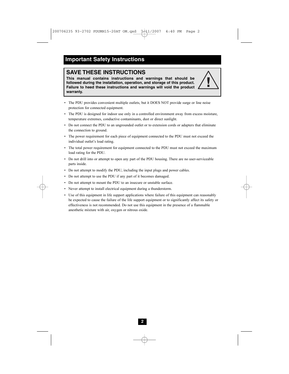 Save these instructions, Important safety instructions | Tripp Lite PDUMH20AT User Manual | Page 2 / 28