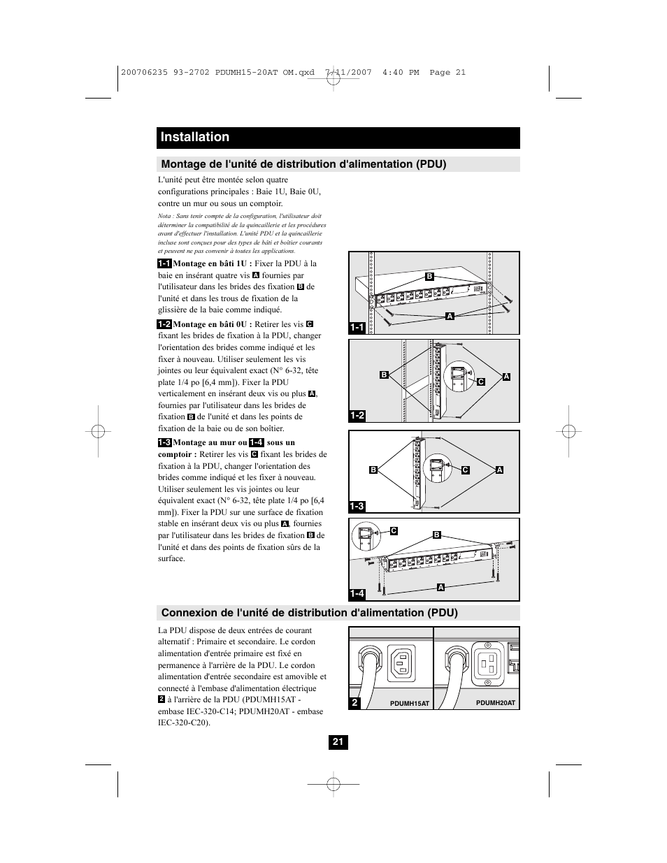 Installation | Tripp Lite PDUMH20AT User Manual | Page 21 / 28