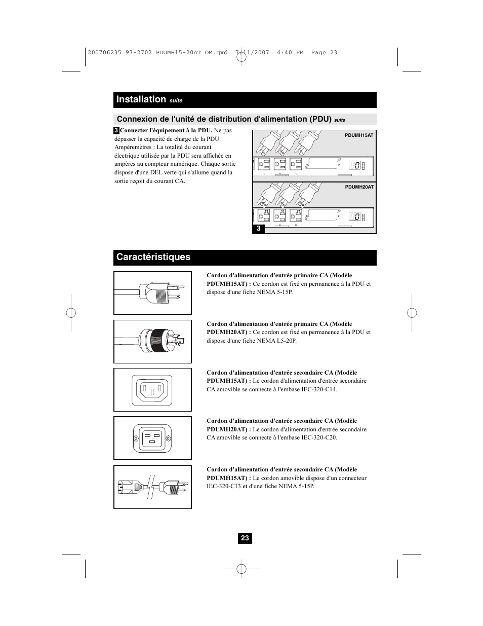 Caractéristiques installation | Tripp Lite PDUMH20AT User Manual | Page 23 / 28