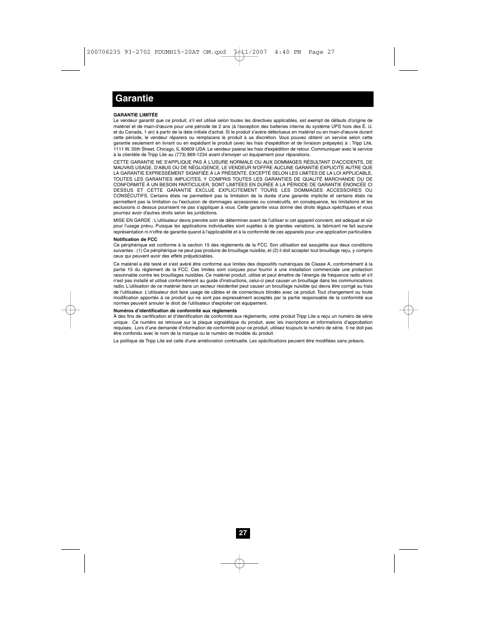 Garantie | Tripp Lite PDUMH20AT User Manual | Page 27 / 28