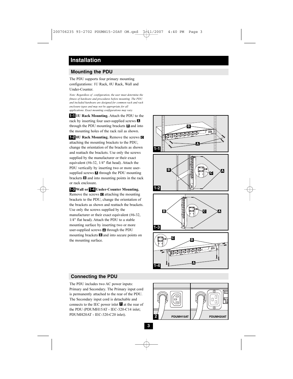 Installation, Mounting the pdu, Connecting the pdu | Tripp Lite PDUMH20AT User Manual | Page 3 / 28