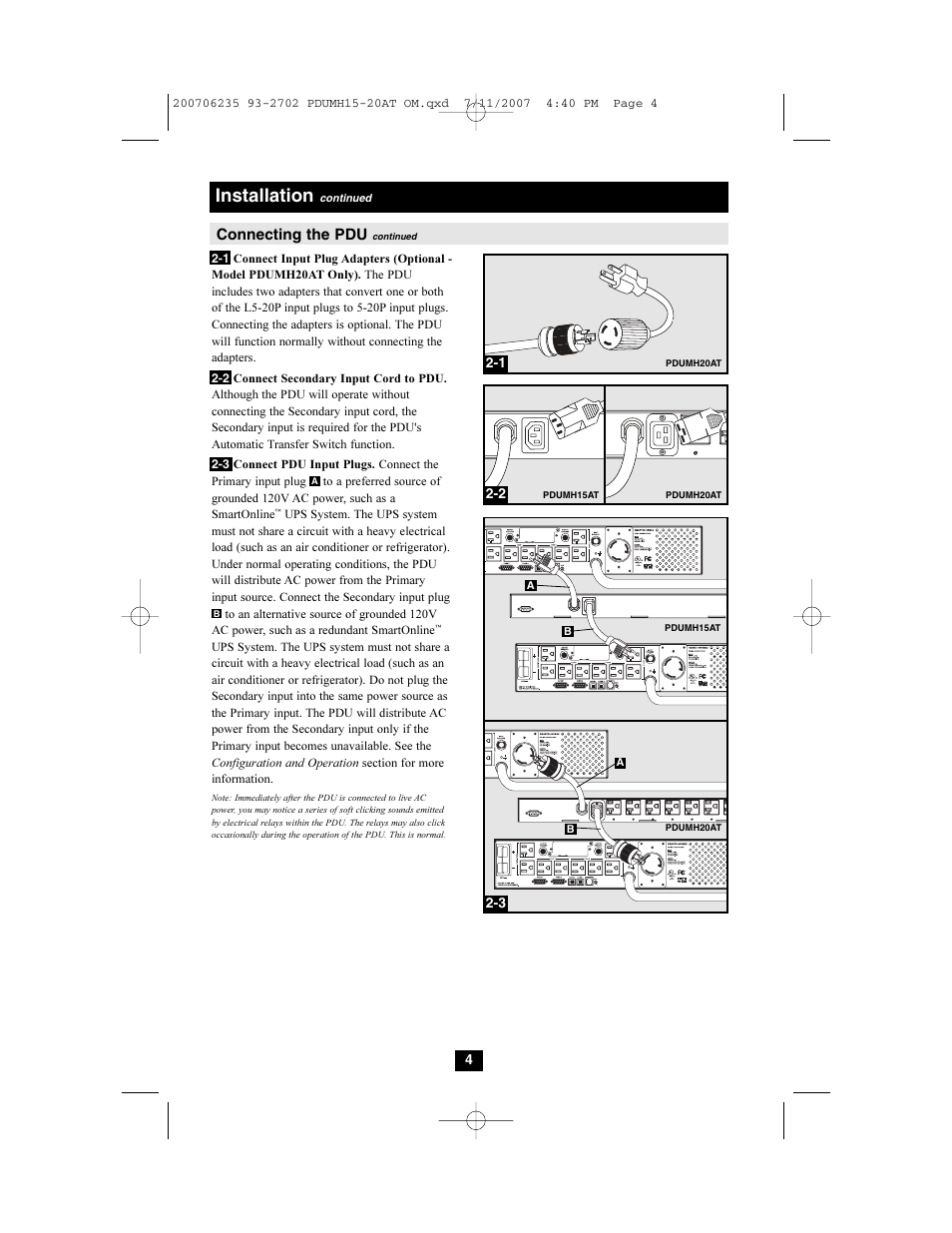 Installation, Connecting the pdu | Tripp Lite PDUMH20AT User Manual | Page 4 / 28