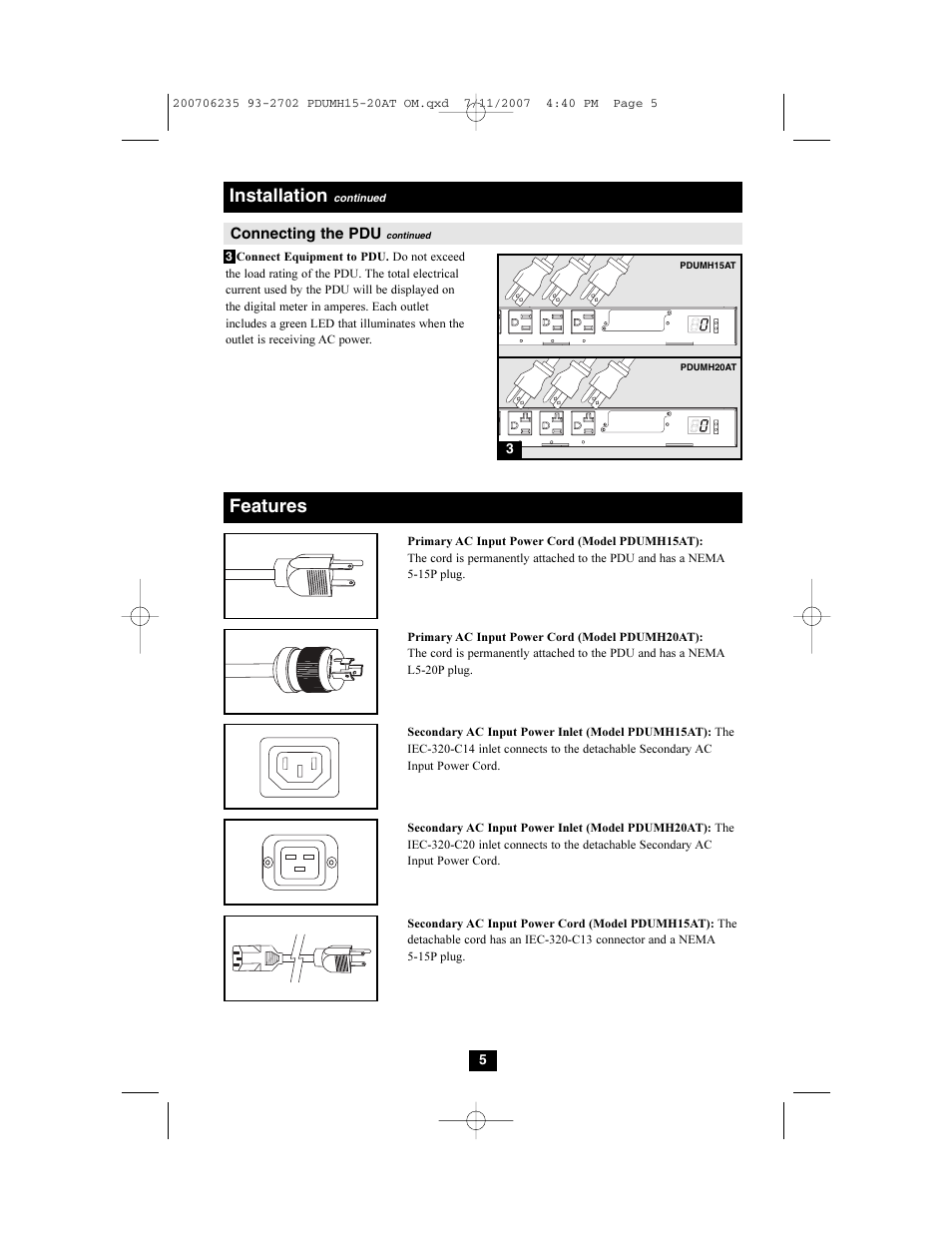 Features, Installation | Tripp Lite PDUMH20AT User Manual | Page 5 / 28