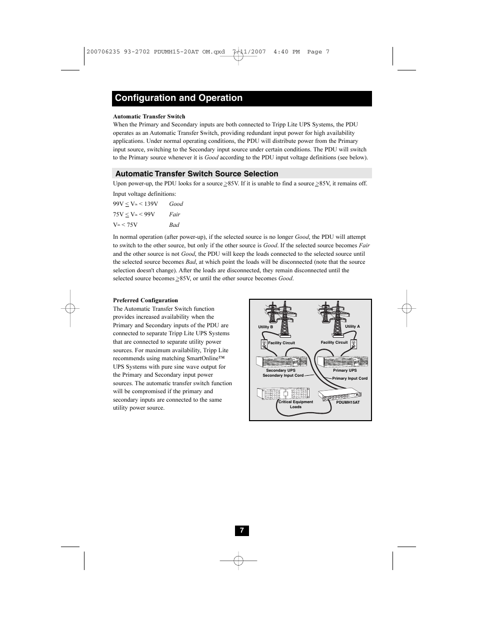 Configuration and operation, Automatic transfer switch source selection | Tripp Lite PDUMH20AT User Manual | Page 7 / 28