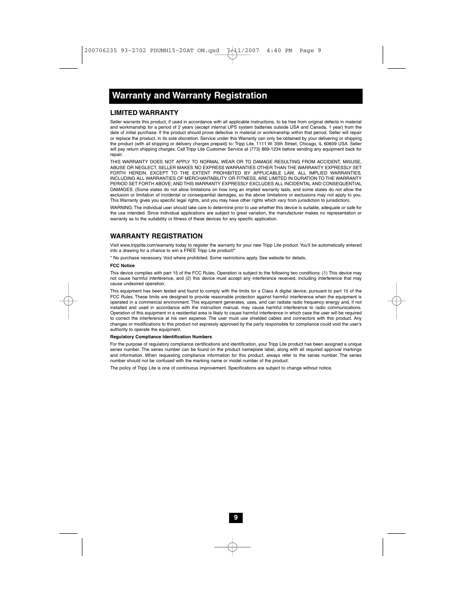 Warranty and warranty registration | Tripp Lite PDUMH20AT User Manual | Page 9 / 28