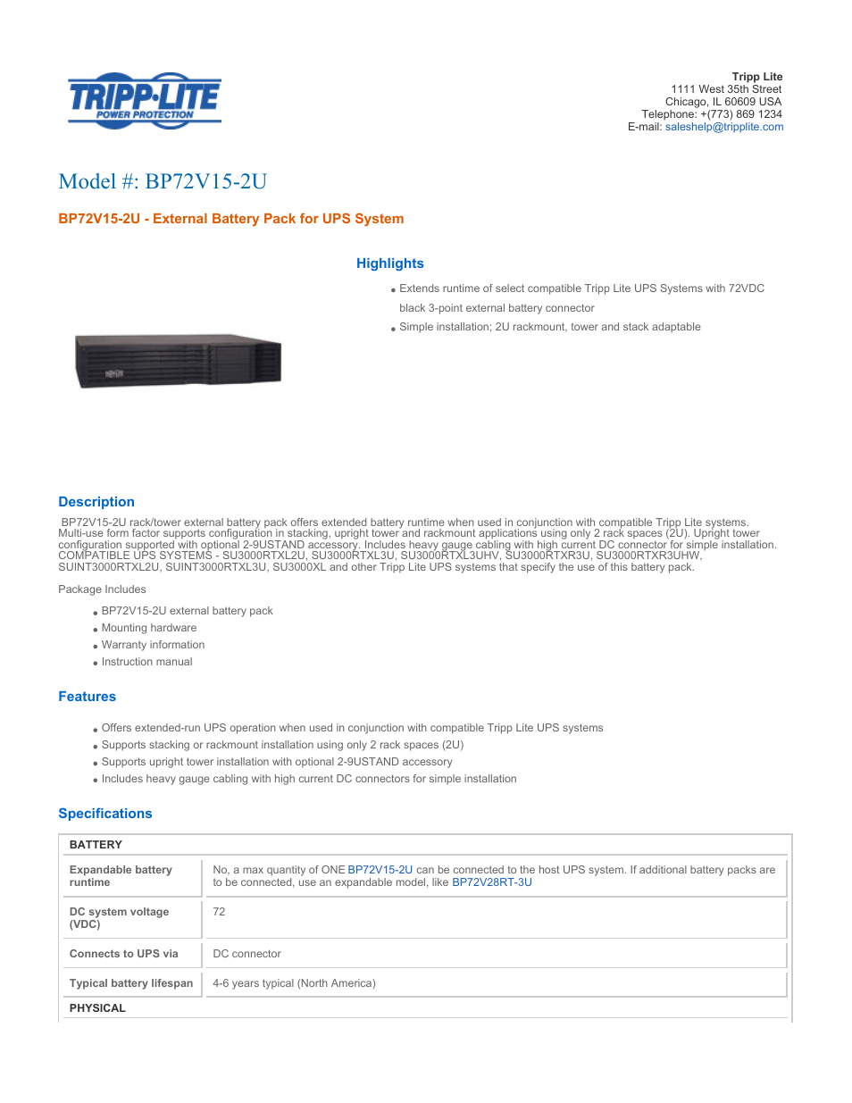 Tripp Lite BP72V15-2U User Manual | 2 pages