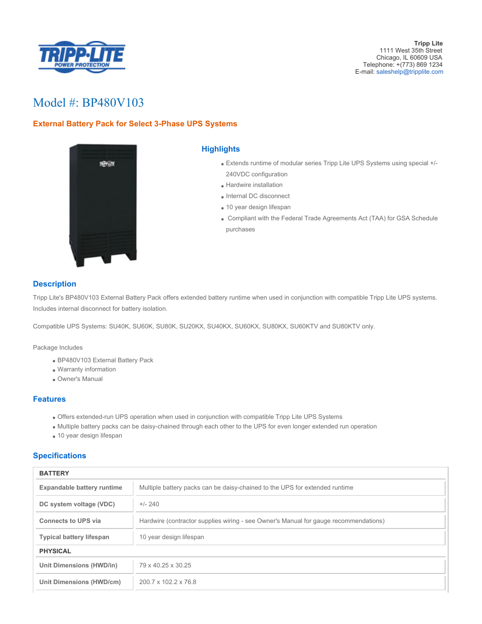 Tripp Lite BP480V103 User Manual | 2 pages