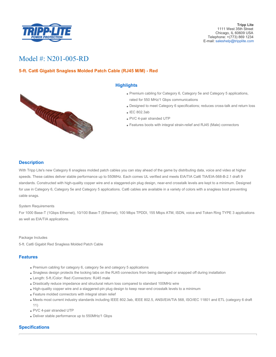 Tripp Lite Cat6 Red Snagless Patch Cable N201-005-RD User Manual | 2 pages