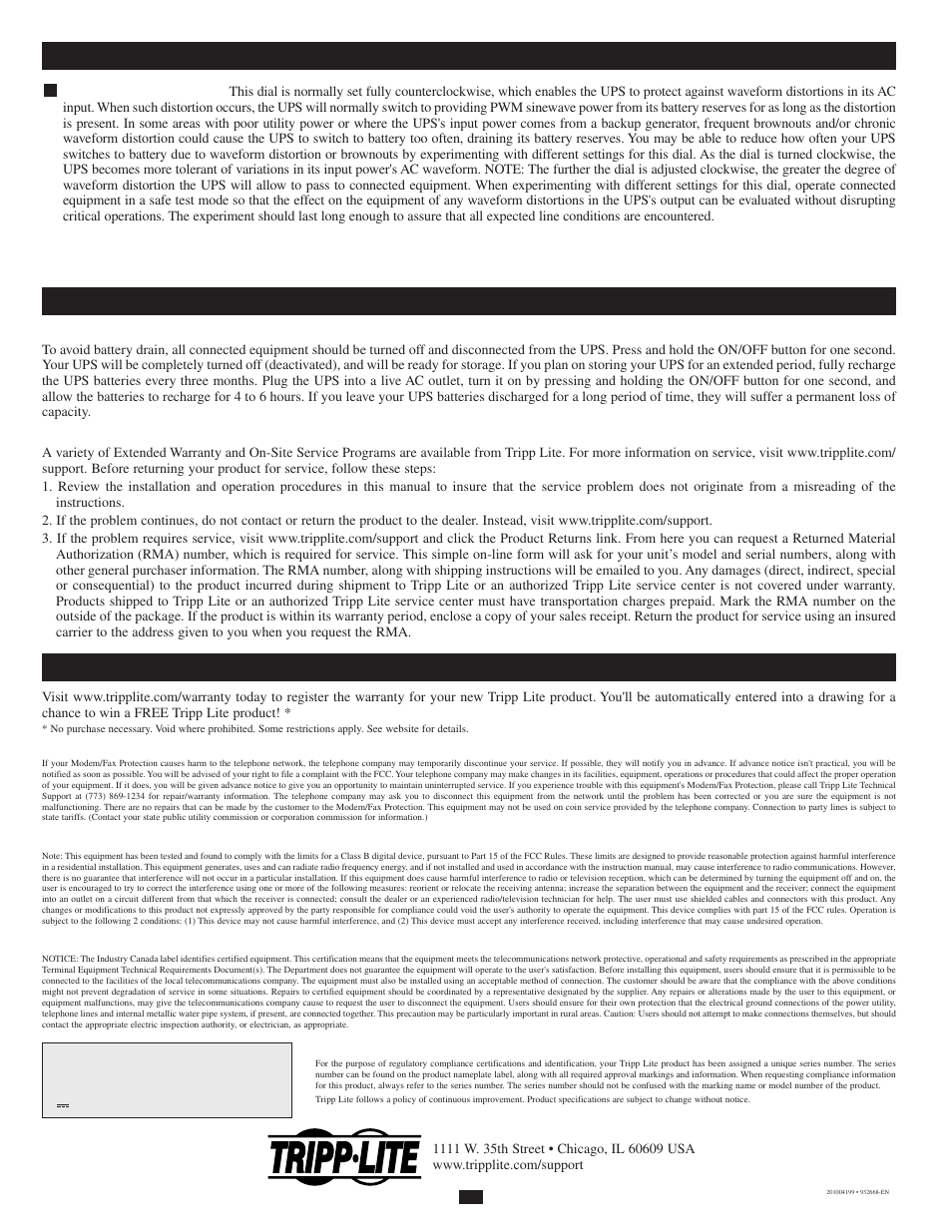 Storage and service warranty registration, Basic operation (rear panel) | Tripp Lite OMNI1500LCD User Manual | Page 4 / 4
