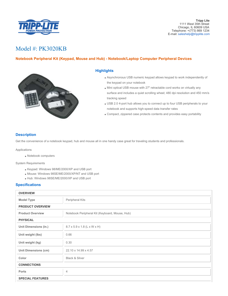 Tripp Lite PK3020KB User Manual | 2 pages