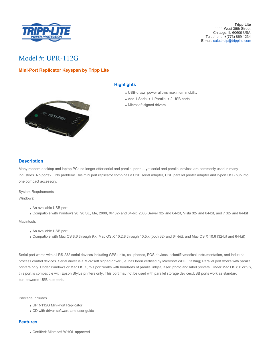 Tripp Lite Mini-Port Replicator UPR-112G User Manual | 2 pages