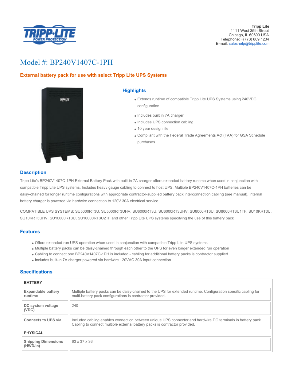 Tripp Lite BP240V1407C-1PH User Manual | 2 pages