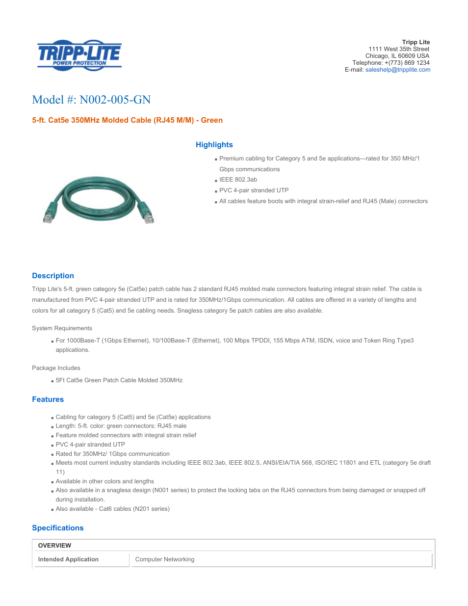 Tripp Lite N002-005-GN User Manual | 3 pages