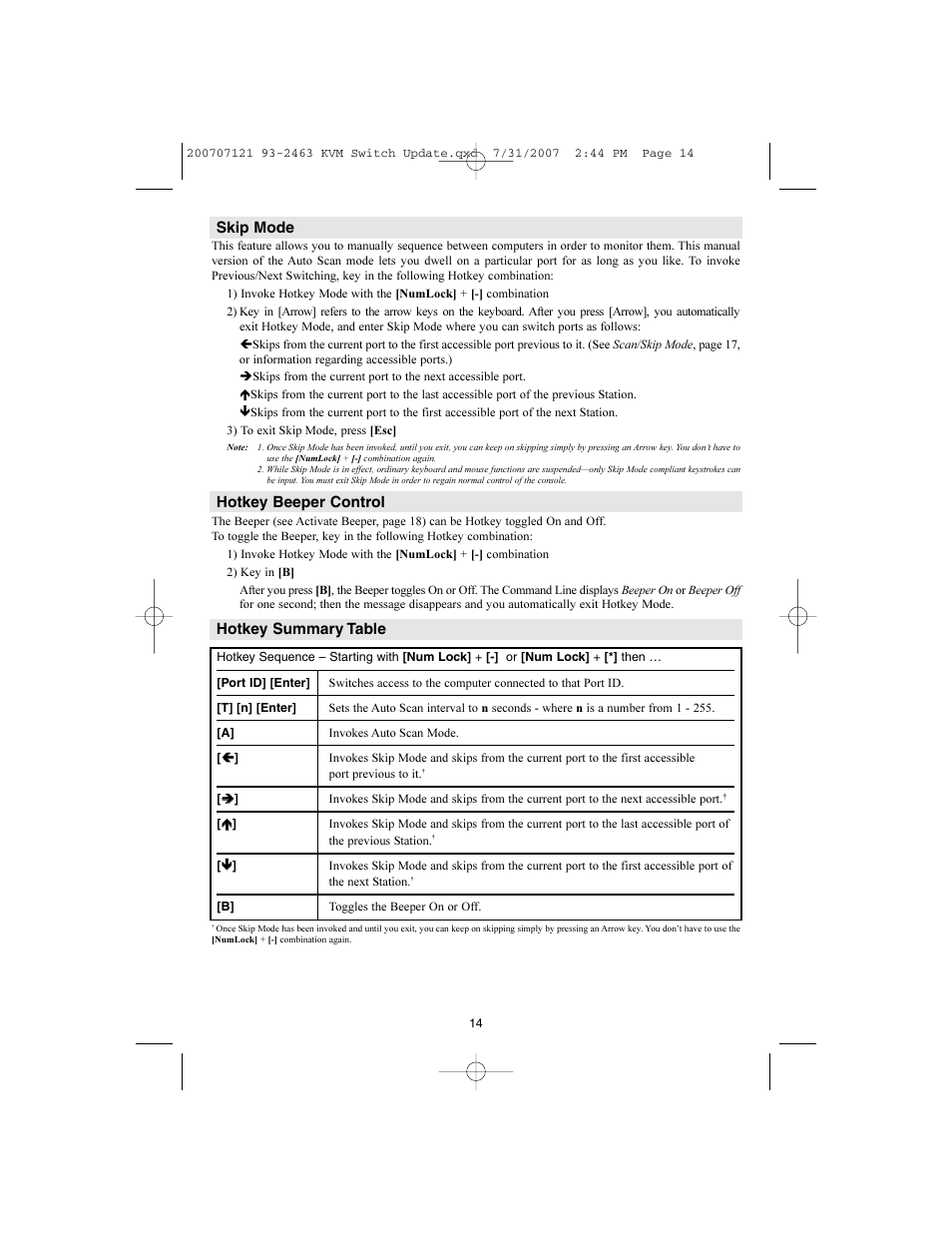 Skip mode, Hotkey beeper control, Hotkey summary table | Tripp Lite B022-016 User Manual | Page 14 / 28