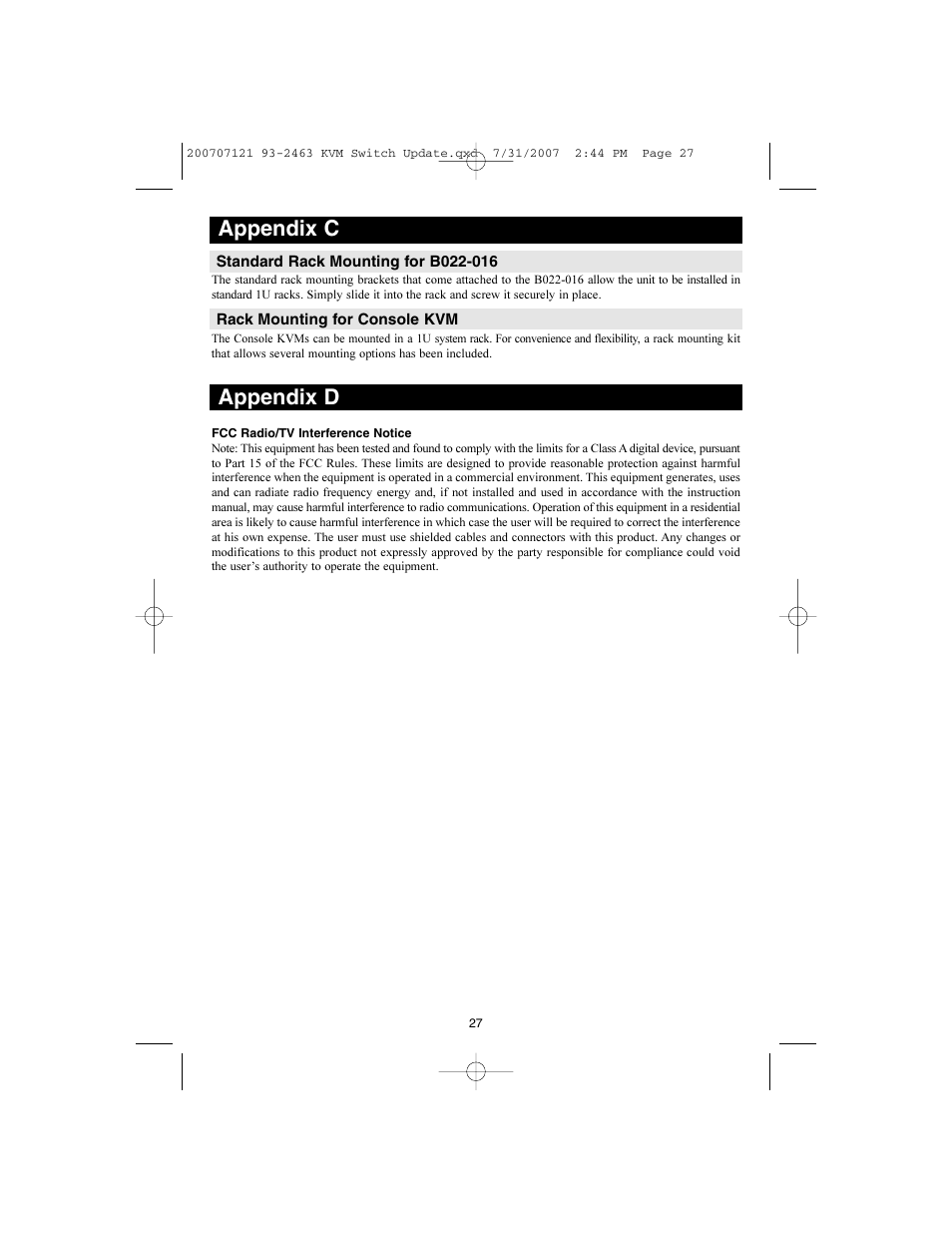 Appendix c, Appendix d | Tripp Lite B022-016 User Manual | Page 27 / 28