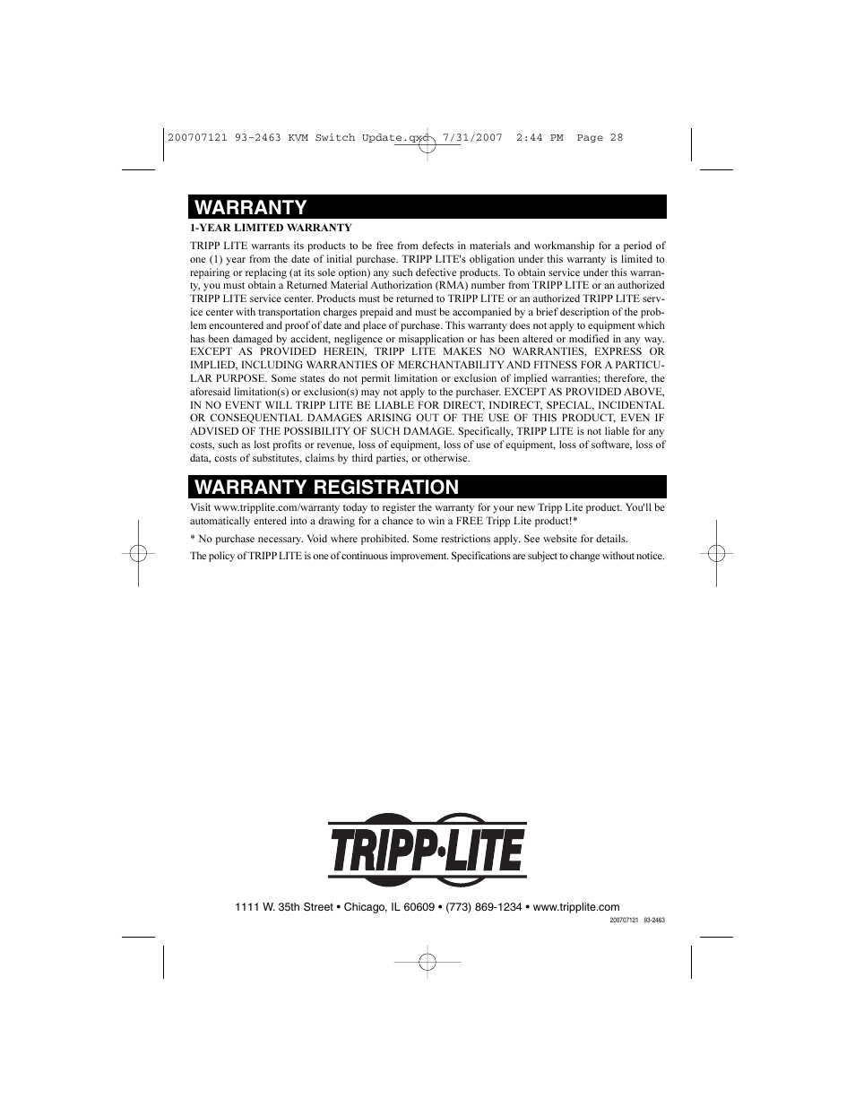 Warranty, Warranty registration | Tripp Lite B022-016 User Manual | Page 28 / 28