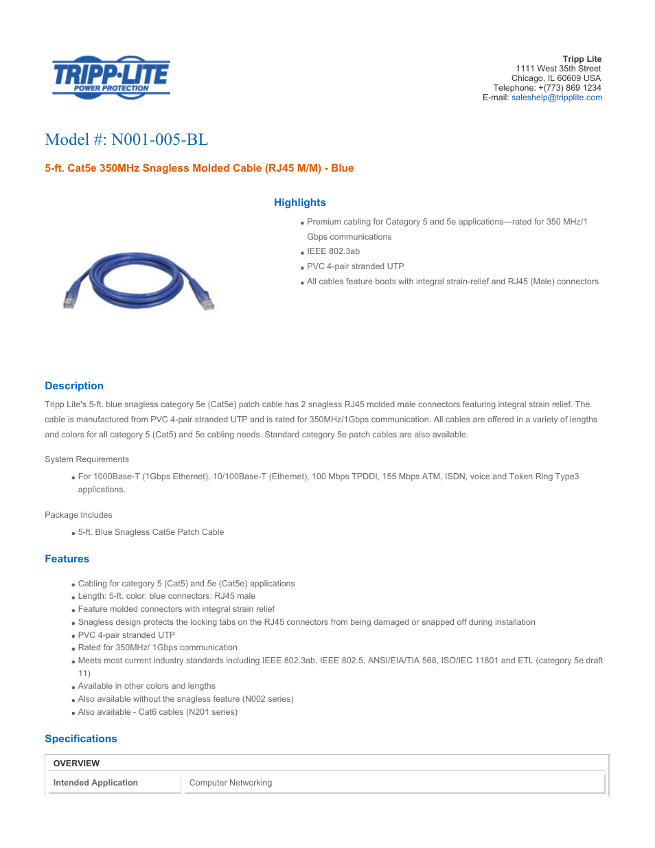 Tripp Lite N001-005-BL User Manual | 3 pages