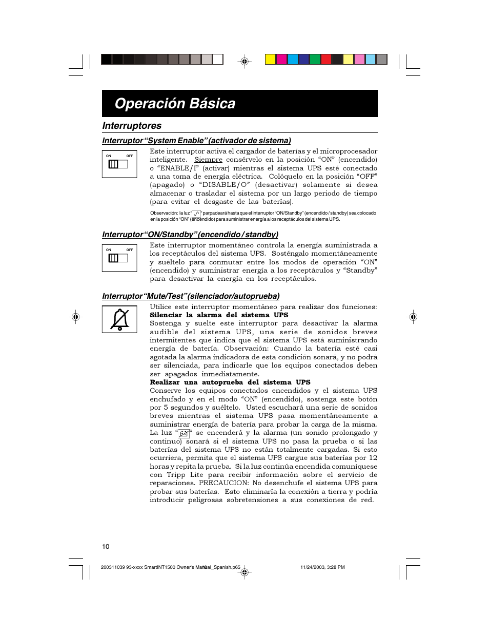 Operación básica, Interruptores | Tripp Lite 450-1500VA User Manual | Page 10 / 27