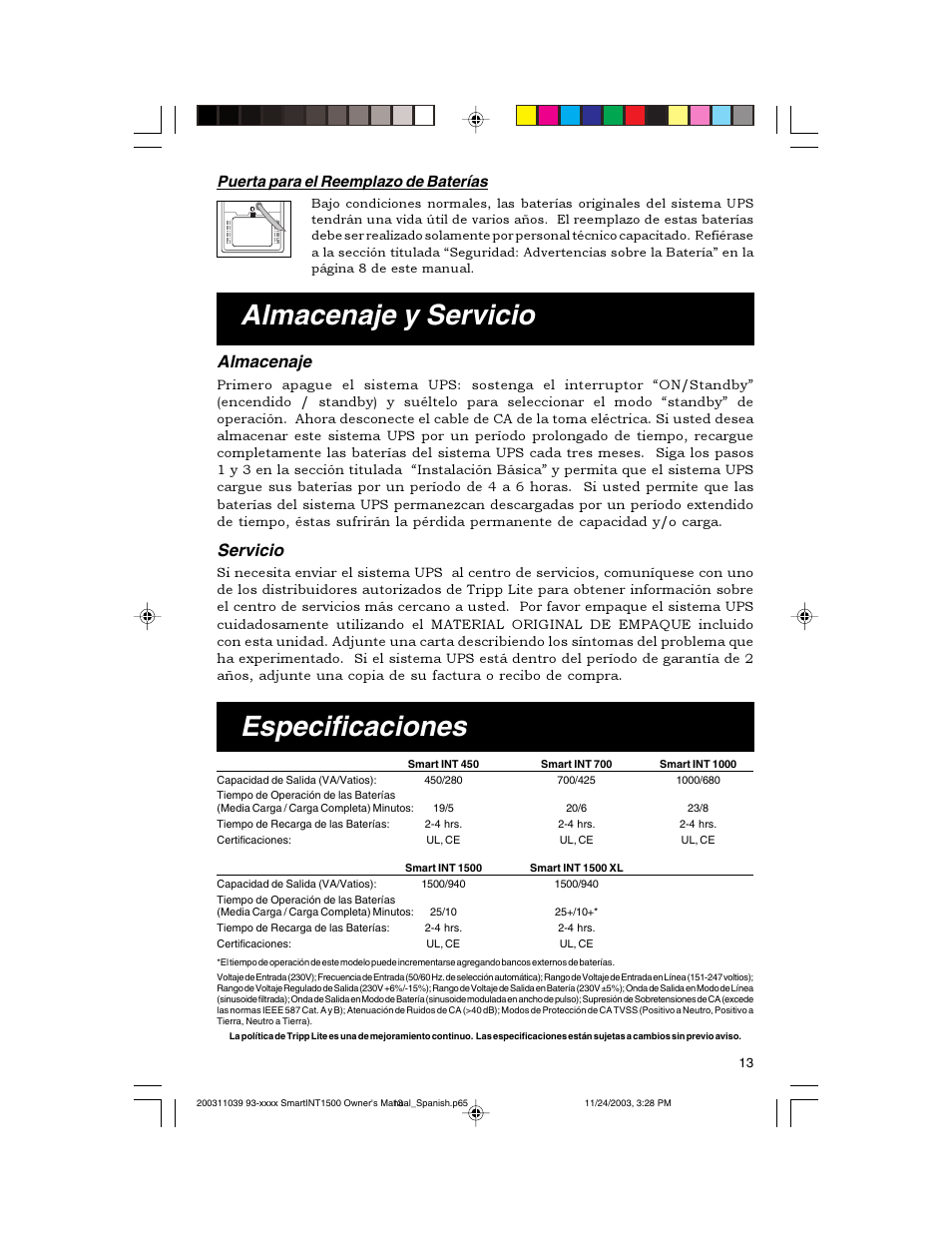 Almacenaje y servicio, Especificaciones, Almacenaje | Servicio, Puerta para el reemplazo de baterías | Tripp Lite 450-1500VA User Manual | Page 13 / 27