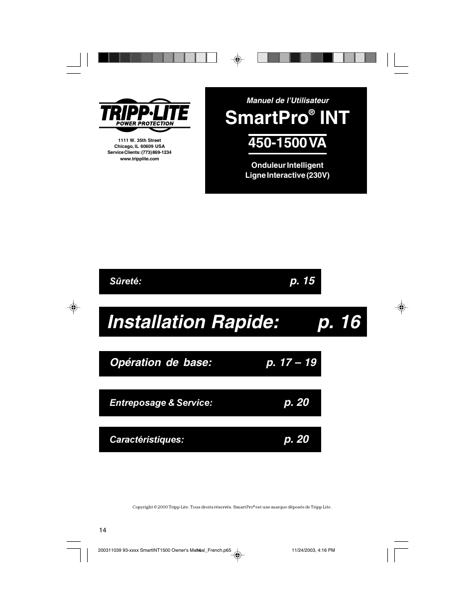 Installation rapide: p. 16, Smartpro, 1500 va | Opération de base: p. 17 – 19, P. 20, P. 15 warranty & insurance: p. 6 | Tripp Lite 450-1500VA User Manual | Page 14 / 27