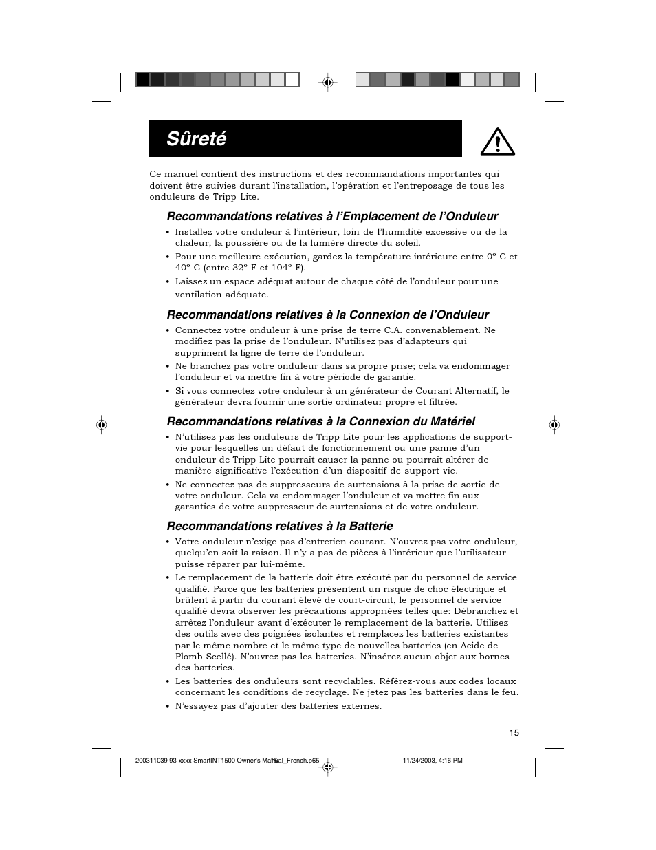 Sûreté | Tripp Lite 450-1500VA User Manual | Page 15 / 27