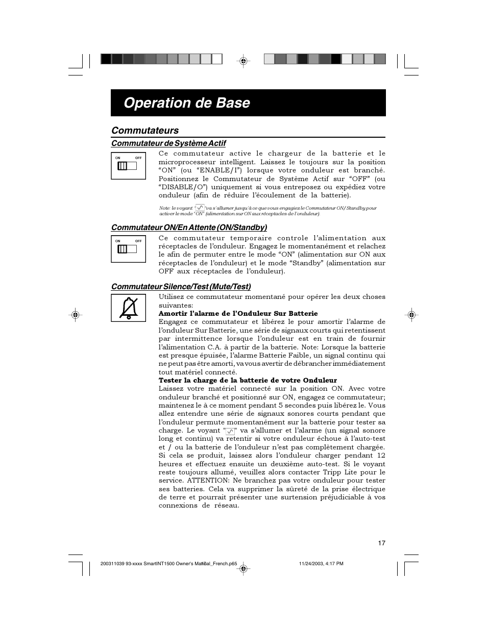 Operation de base, Commutateurs | Tripp Lite 450-1500VA User Manual | Page 17 / 27