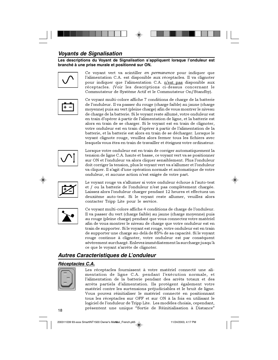 Voyants de signalisation, Autres caracteristiques de l’onduleur | Tripp Lite 450-1500VA User Manual | Page 18 / 27