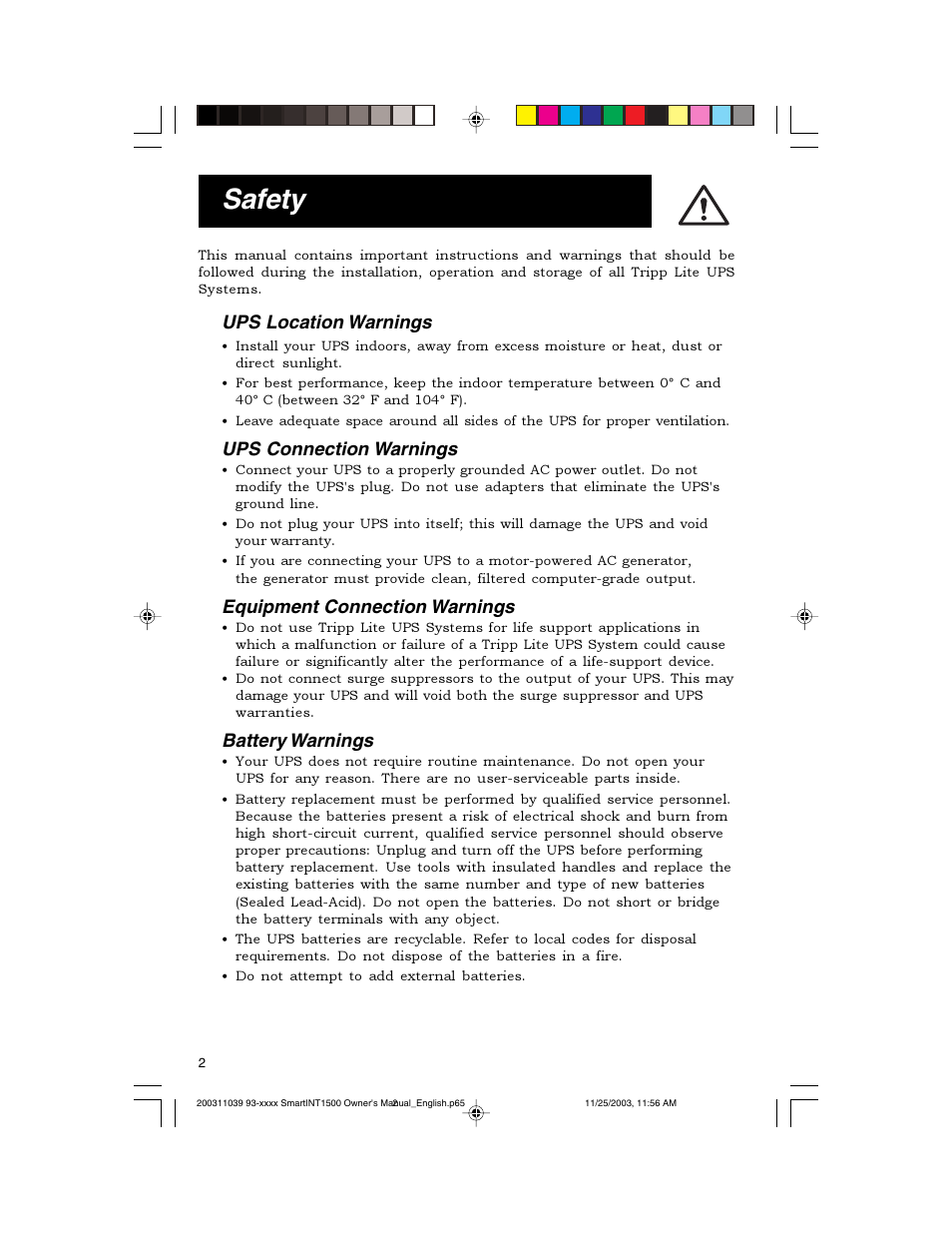 Safety, Ups location warnings, Ups connection warnings | Equipment connection warnings, Battery warnings | Tripp Lite 450-1500VA User Manual | Page 2 / 27