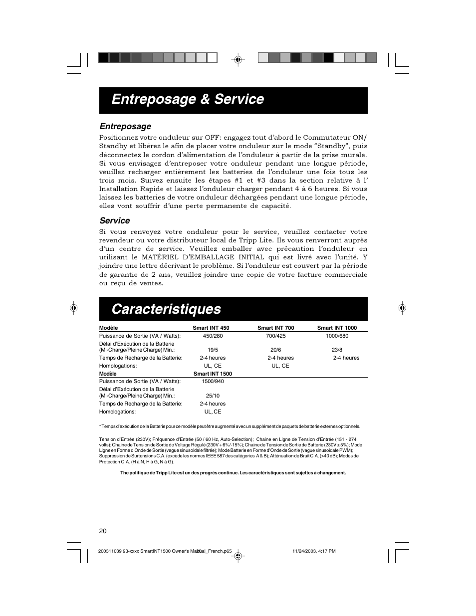 Entreposage & service, Caracteristiques, Entreposage | Service | Tripp Lite 450-1500VA User Manual | Page 20 / 27