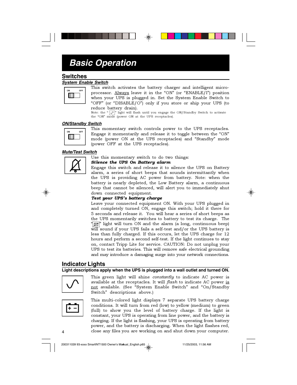 Basic operation, Switches, Indicator lights | Tripp Lite 450-1500VA User Manual | Page 4 / 27