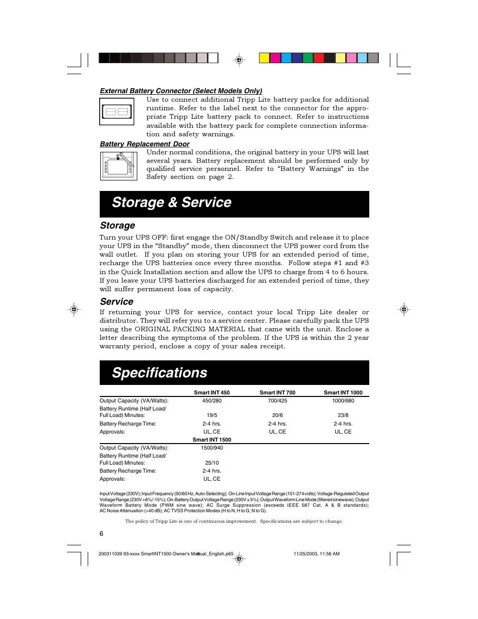 Specifications storage & service, Storage, Service | Tripp Lite 450-1500VA User Manual | Page 6 / 27