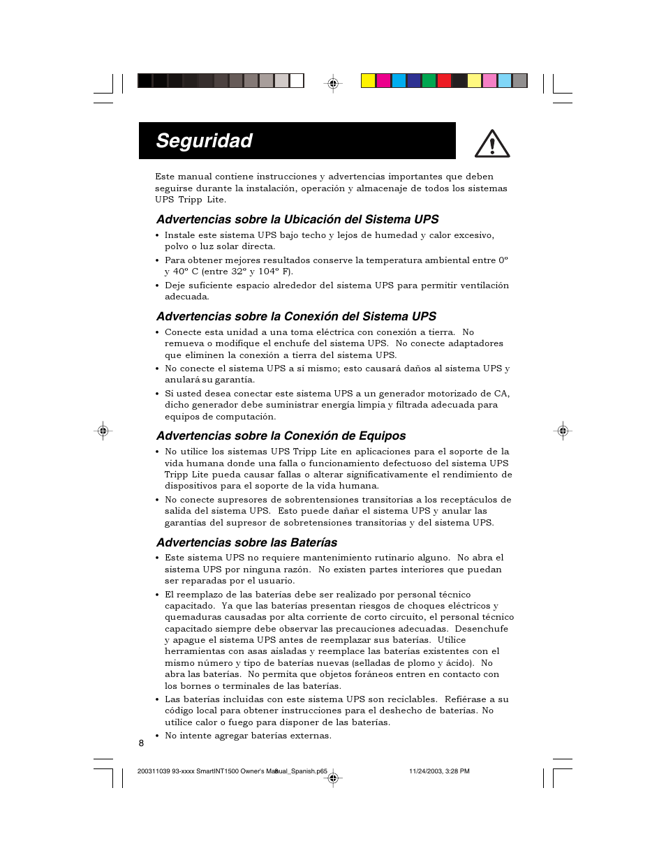 Seguridad | Tripp Lite 450-1500VA User Manual | Page 8 / 27