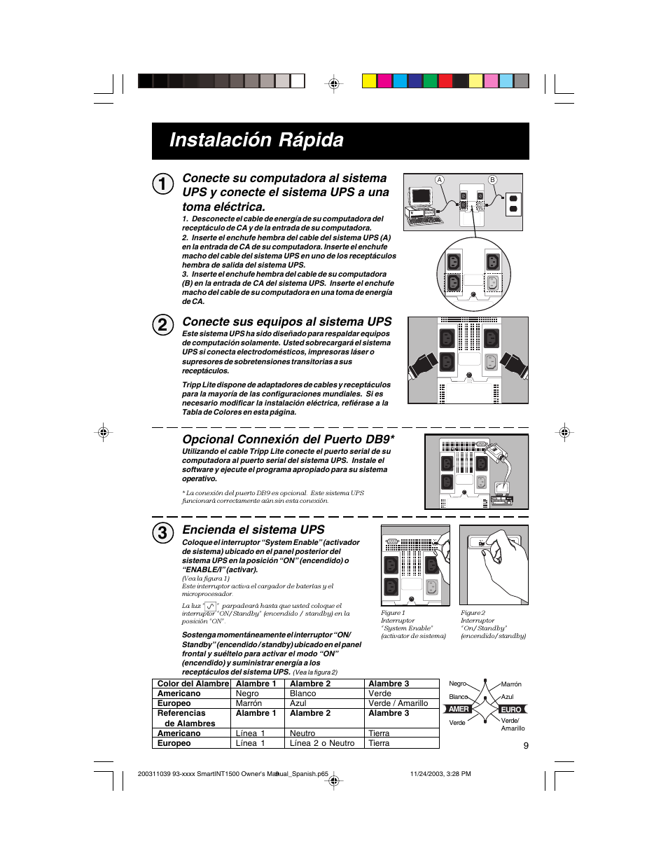 Instalación rápida, Encienda el sistema ups, Conecte sus equipos al sistema ups | Opcional connexión del puerto db9 | Tripp Lite 450-1500VA User Manual | Page 9 / 27